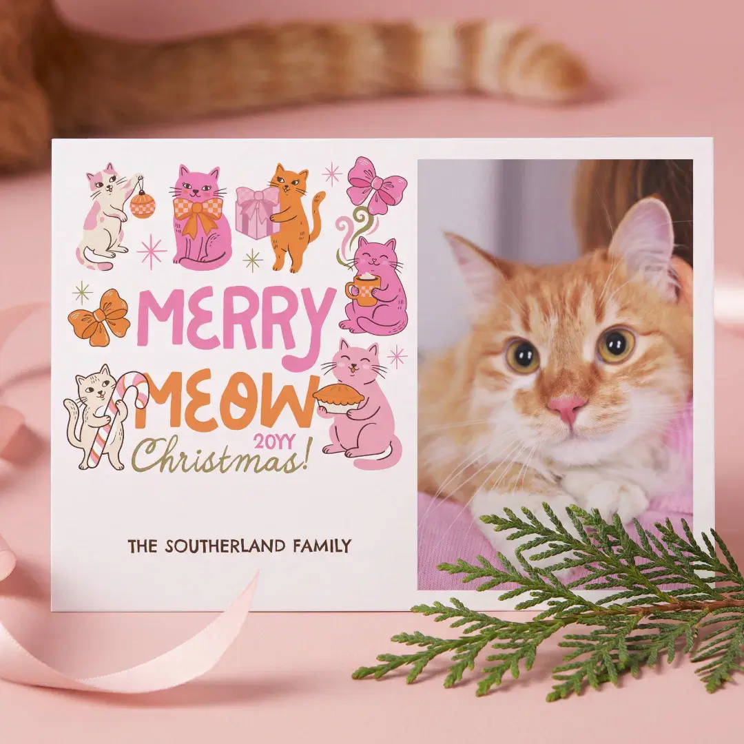 Merry Meow Fun Cute Cat Retro Christmas Photo Holiday Card