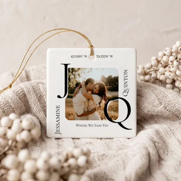 Minimalist Personalized Engagement Monogram Photo Ceramic Ornament