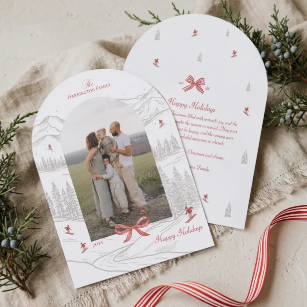 Nordic Alpine Mountain Red Bow Christmas Photo Holiday Card