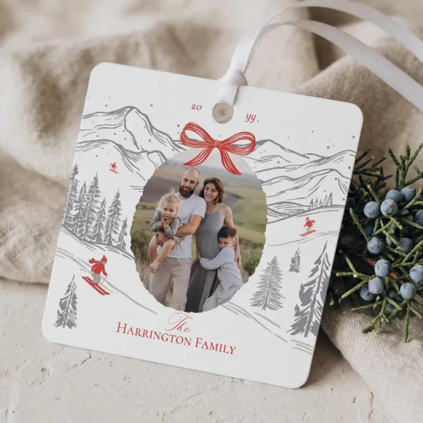 Nordic Alpine Mountain Red Bow Christmas Photo Metal Ornament