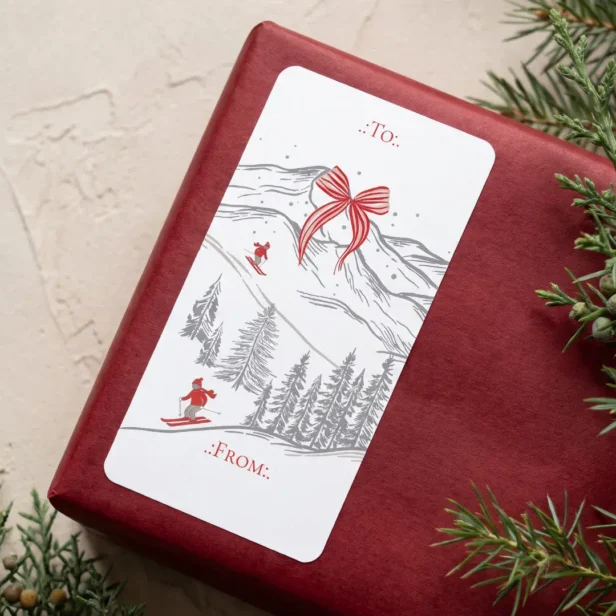 Nordic Alpine Mountain Red Bow Christmas To From Label