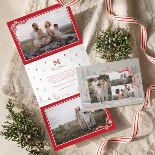 Nordic Alpine Red Bow Photo Collage Christmas Horizontal Tri-Fold Holiday Card