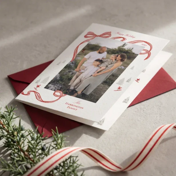 Nordic Alpine Watercolor Red Bow Christmas Photo Holiday Card
