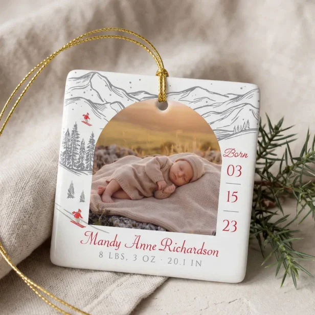 Nordic Winter Baby Birth Stats Photo Christmas Ceramic Ornament