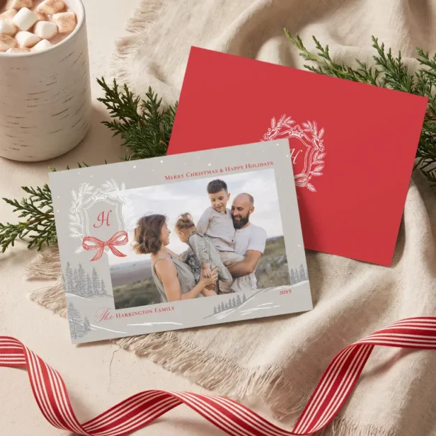 Nordic Winter Wonderland Red Bow Photo Christmas Holiday Card