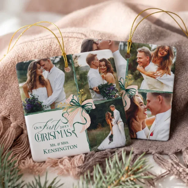 Our First Christmas Marred Green Bow Photo Collage Ceramic Ornament