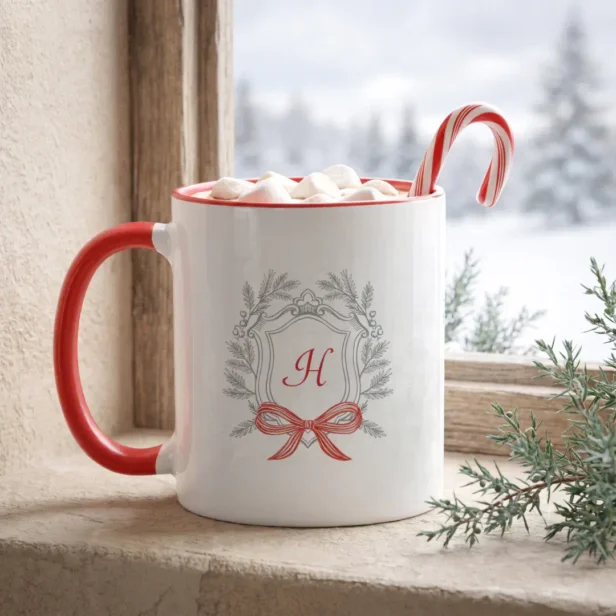 Personalized Christmas Pine Crest Monogram Red Bow Mug
