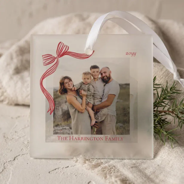 Red Stripe Bow Ribbon Photo Ornament Keepsake