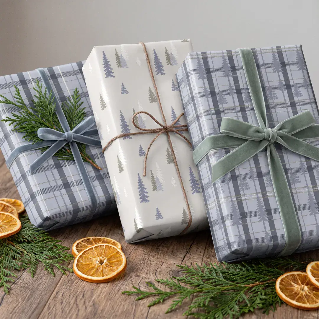 Rustic Cottagecore Plaid Evergreen Blue Pine Tree Wrapping Paper Sheets
