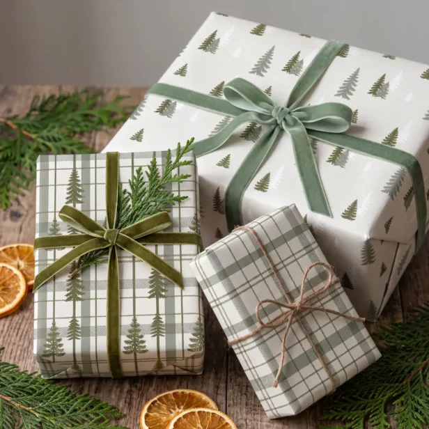 Rustic Cottagecore Plaid Evergreen Green Pine Tree Wrapping Paper Sheets