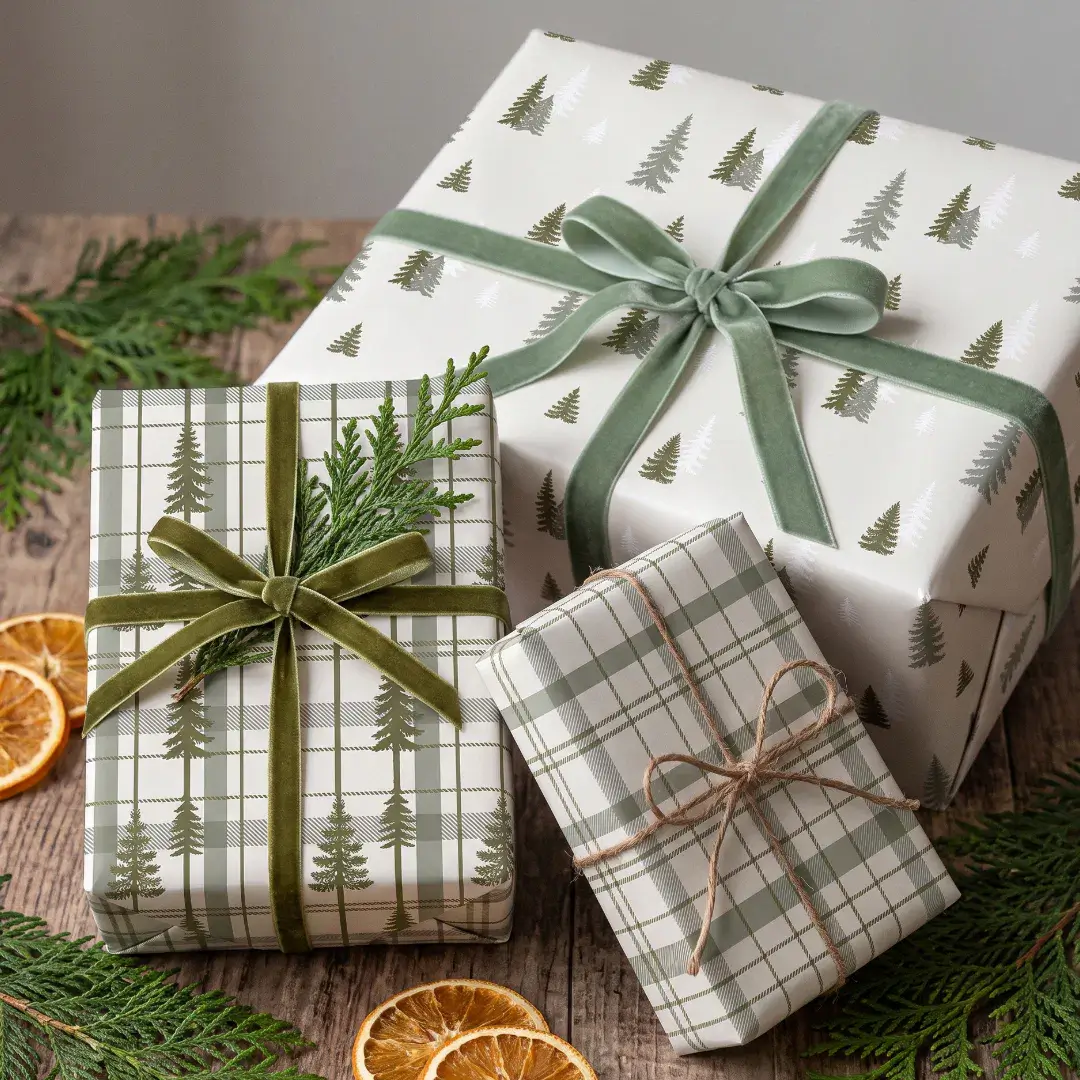 Rustic Cottagecore Plaid Evergreen Green Pine Tree Wrapping Paper Sheets