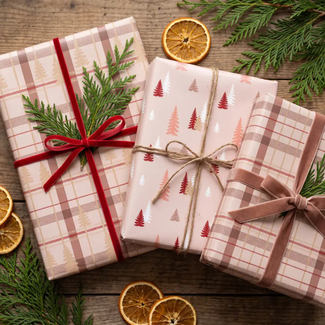 Rustic Cottagecore Plaid Evergreen Red Pine Tree Wrapping Paper Sheets