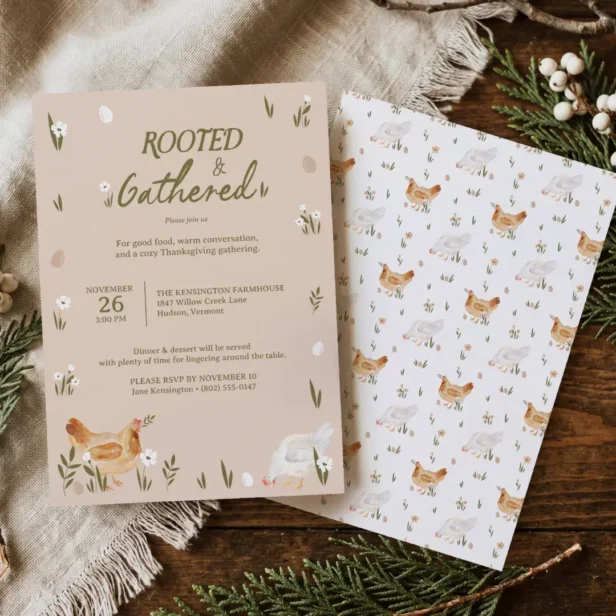 Rustic Farmhouse Hen Thanksgiving Harvest Dinner Invitation