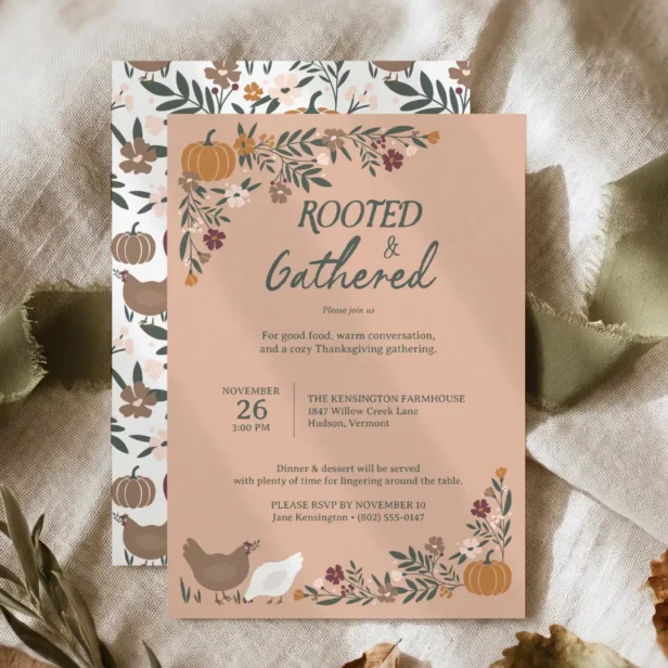 Rustic Farmhouse Thanksgiving Hens Pumpkins Floral Invitation