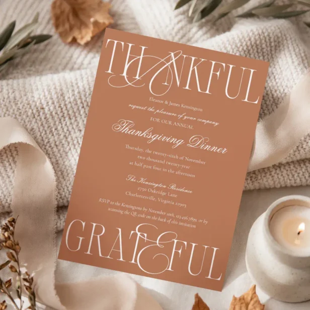 Thankful Grateful Elegant Thanksgiving Dinner Invitation