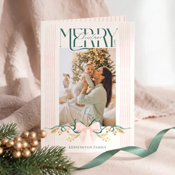 Watercolor Green Pink Bow Merry Christmas Photo Holiday Card