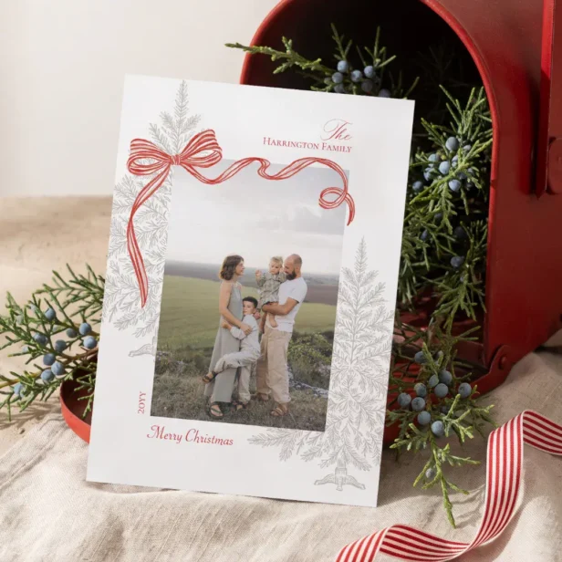 Watercolor Red Bow Nordic Christmas Tree Photo Holiday Card