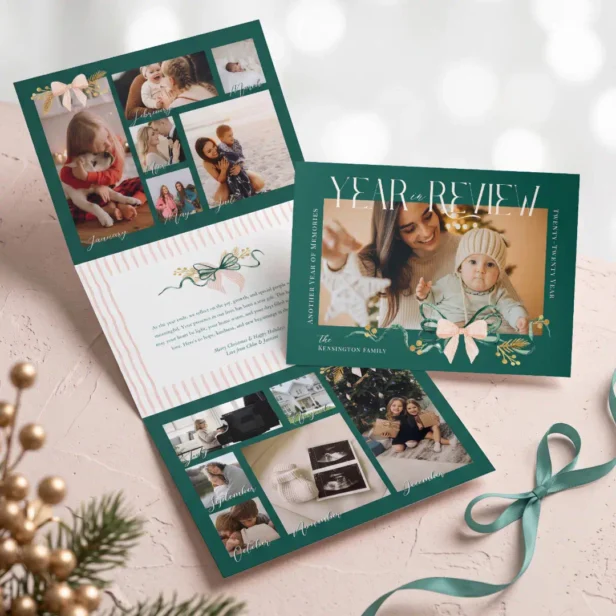 Year Review Christmas Photo Collage Elegant Bow Tri-Fold Holiday Card