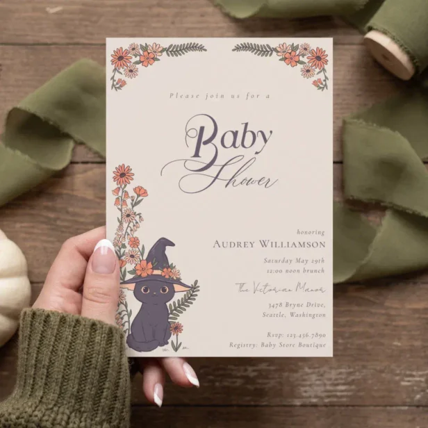 Black Cat Witch Hat Floral Halloween Baby Shower Invitation
