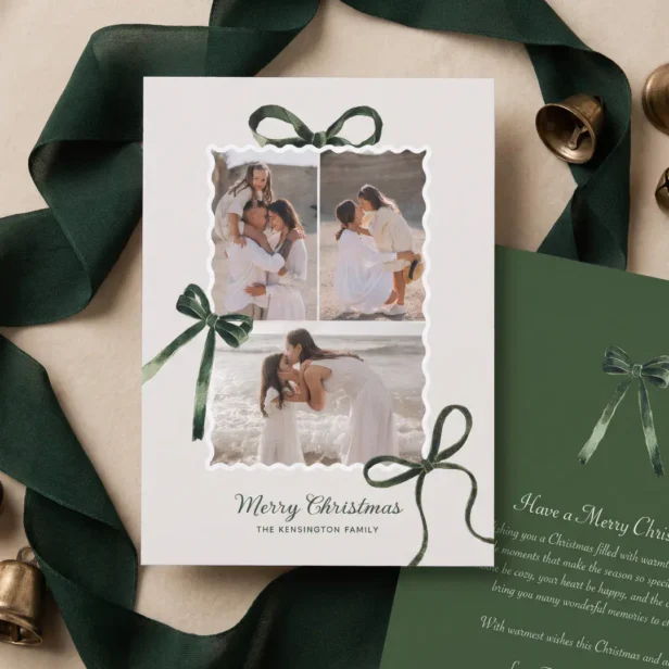 Chic Watercolor Green Christmas Bow Photo Collage Holiday Card