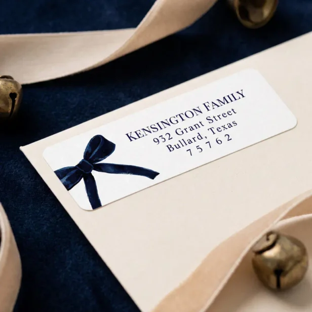 Elegant Bold Watercolor Festive Navy Bow Christmas Label