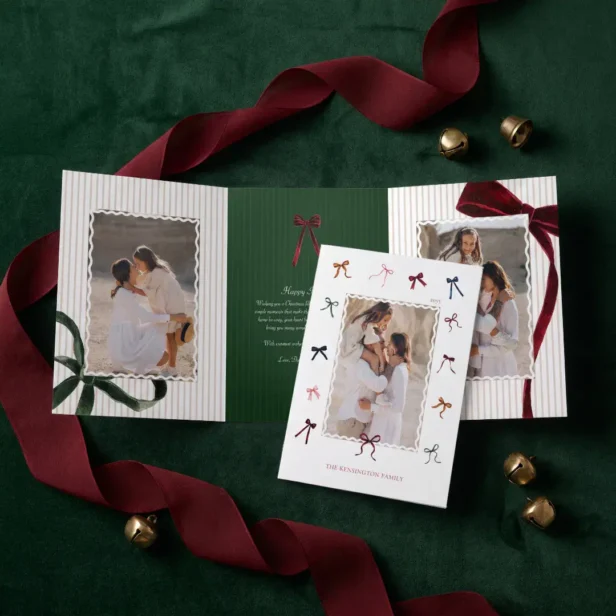 Elegant Festive Watercolor Christmas Bows Photo Tri-Fold Holiday Card