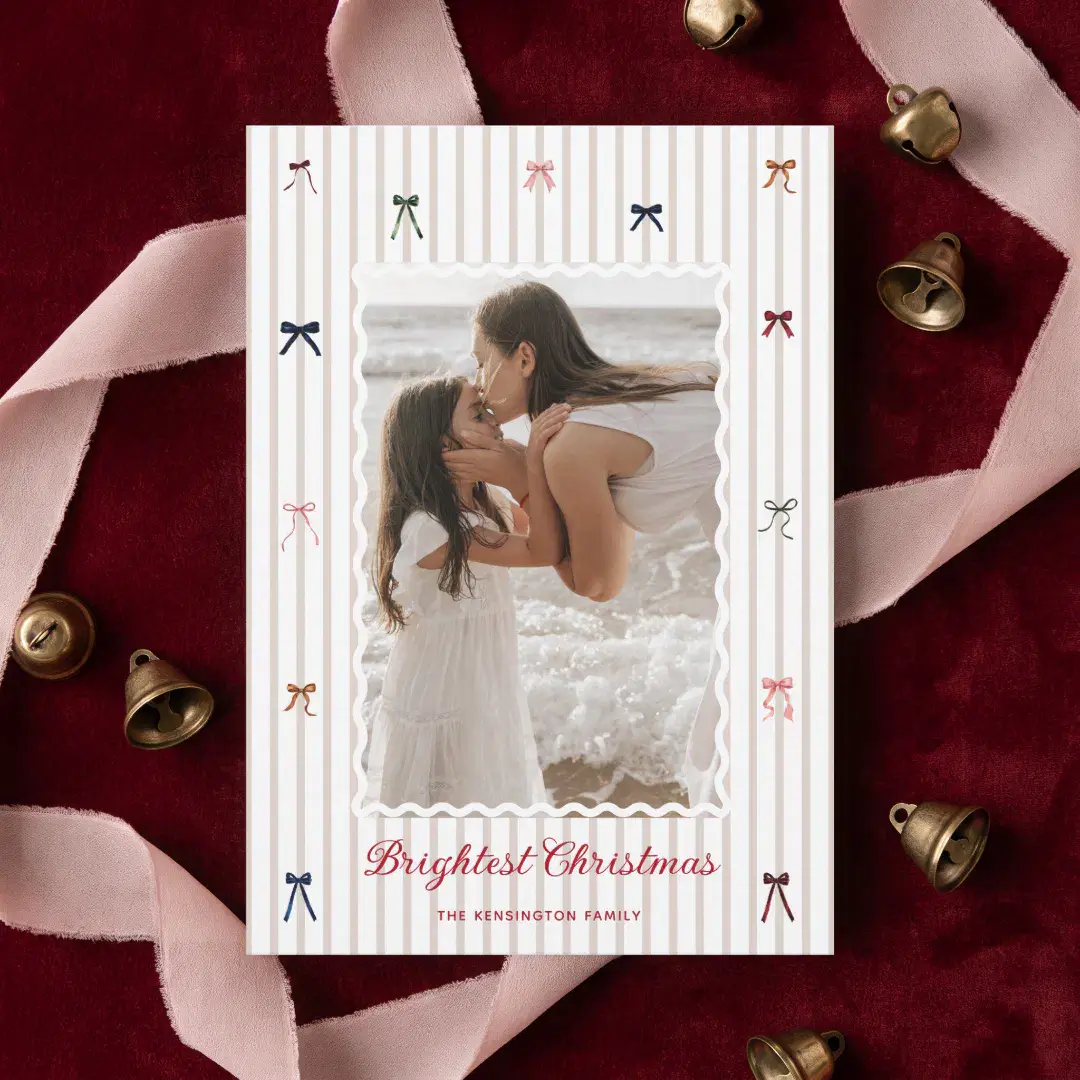 Elegant Festive Watercolor Colorful Bows Photo Holiday Card