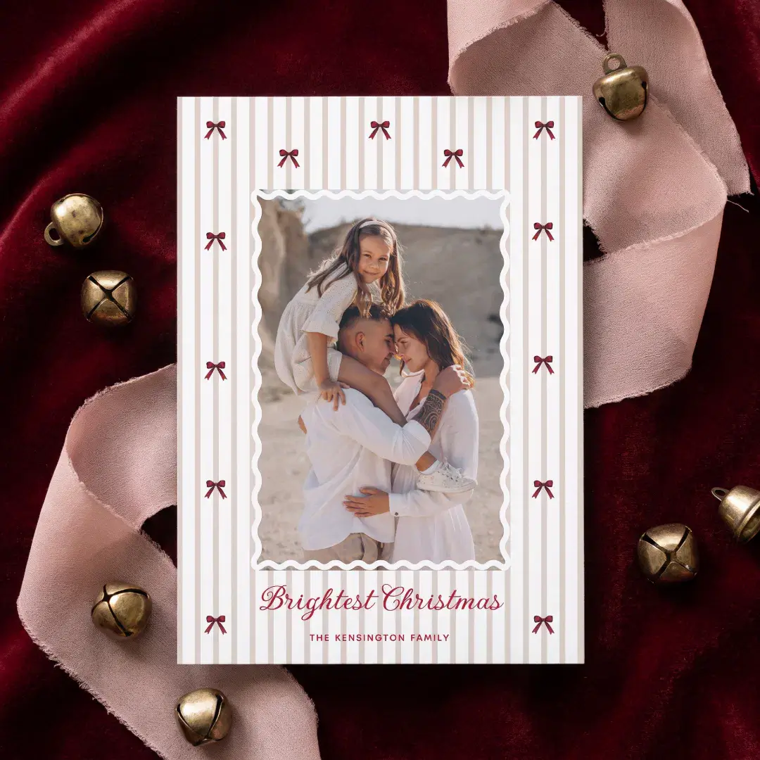 Elegant Festive Watercolor Red Bow Family Photo Holiday Card