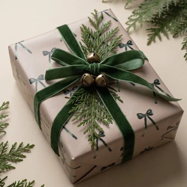 Elegant Minimimal Watercolor Green christmas bow Wrapping Paper