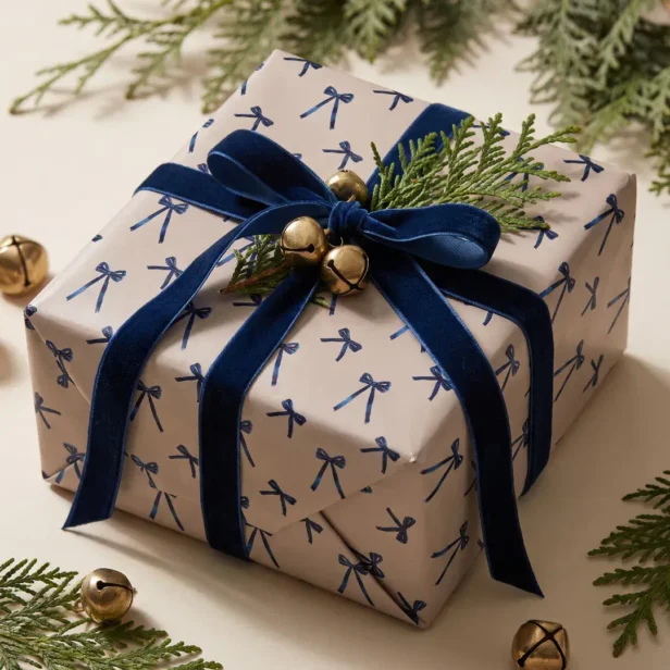 Elegant Minimimal Watercolor Navy christmas bow Wrapping Paper