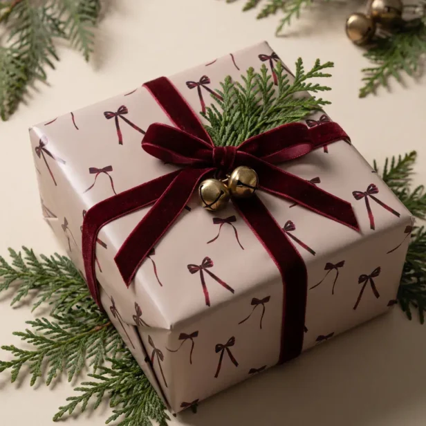Elegant Minimimal Watercolor Red christmas bow Wrapping Paper