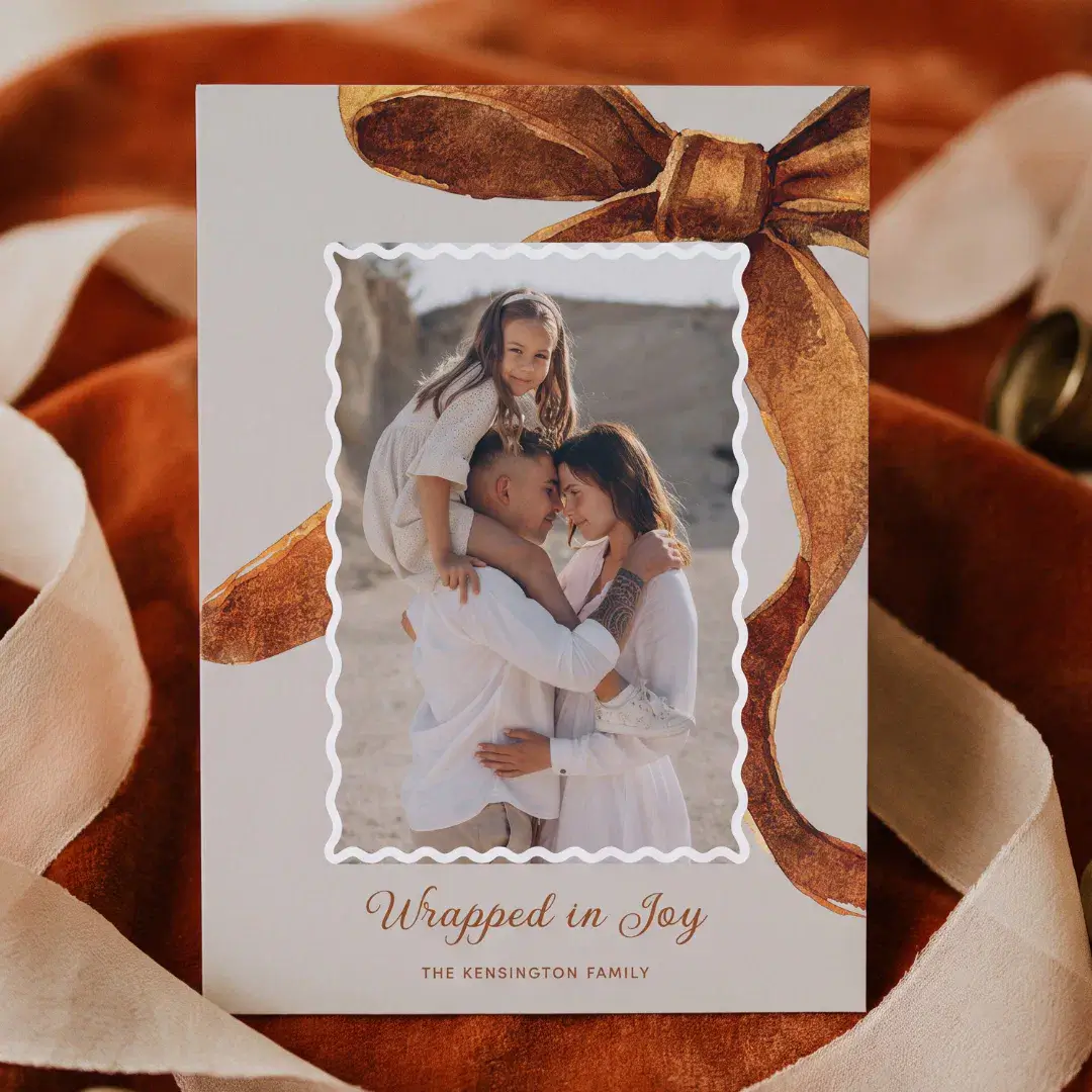 Elegant Watercolor Golden Yellow Bow Photo Holiday Card
