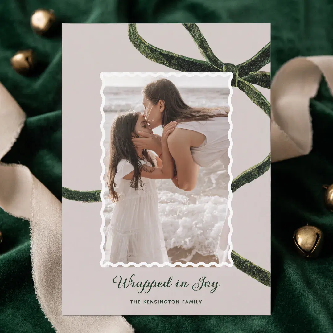 Elegant Watercolor Green Christmas Bow Photo Holiday Card