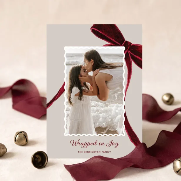Elegant Watercolor Red Christmas Bow Photo Holiday Card