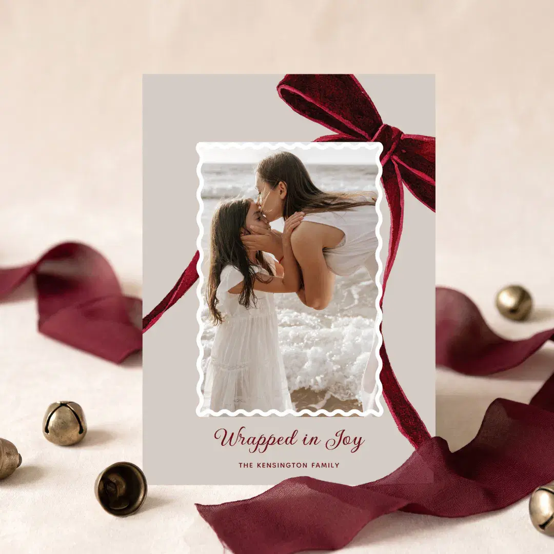 Elegant Watercolor Red Christmas Bow Photo Holiday Card