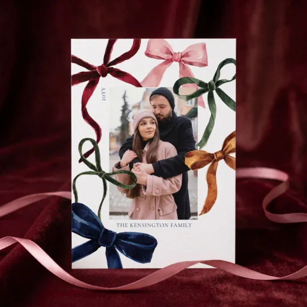 Festive colorful Watercolor Bows Family Photo Holiday Card