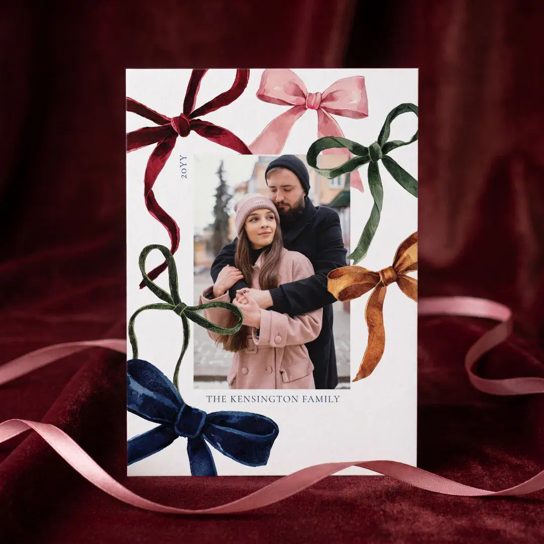 Festive colorful Watercolor Bows Family Photo Holiday Card