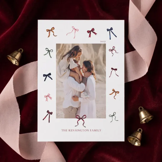 Festive colorful Watercolor Bows Family Photo Holiday Card